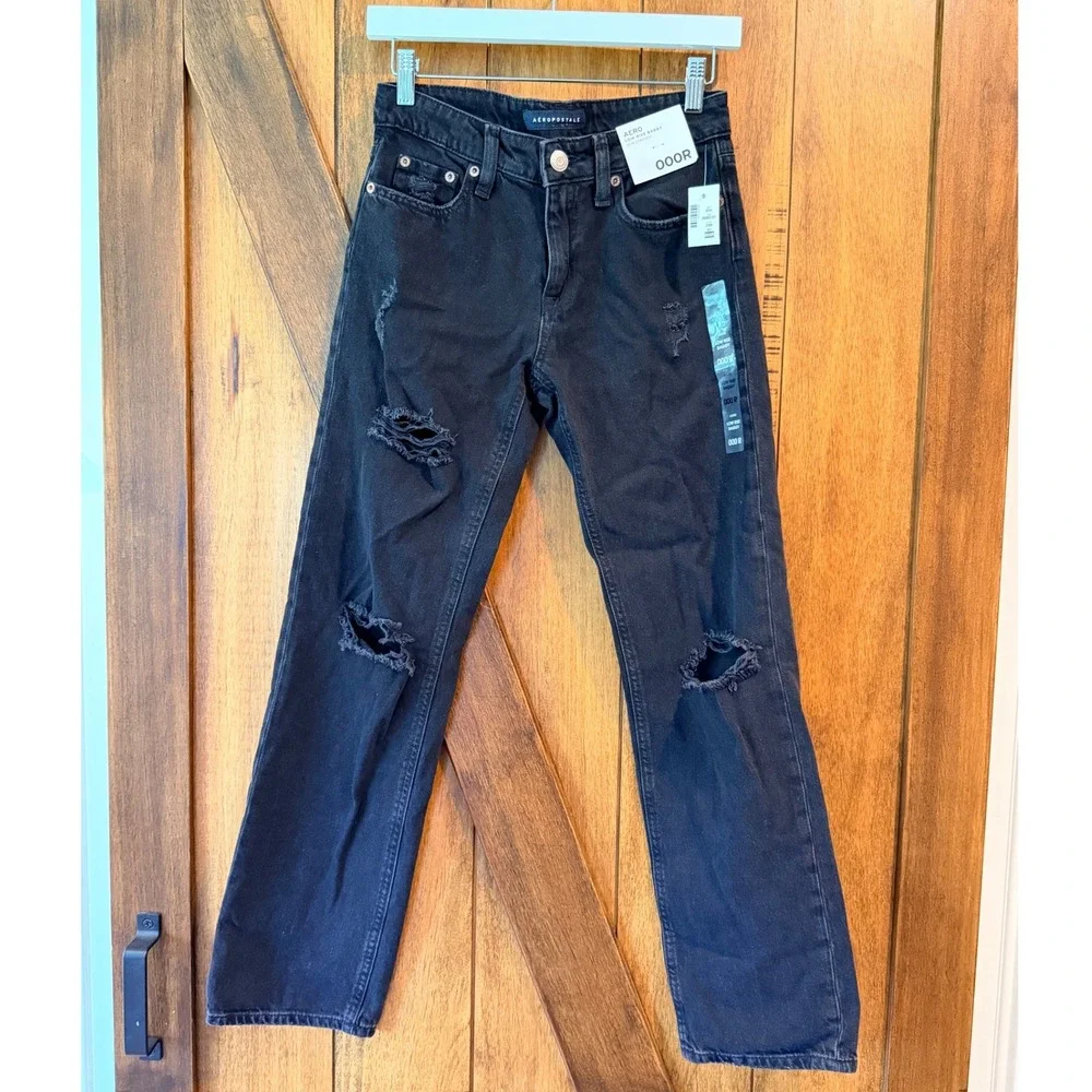 Aeropostale Low Rise‎ Baggy Distressed Jeans Size 000R Black Non Stretch Denim